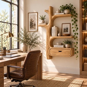Wooden Contemporary Unique Handmade Wooden <b>Wall</b> Shelf with Multi Shelves and Drawers <b>Bookcase</b> for Home Office Study Room - Product Image 2