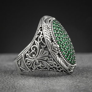 Men's 925 Sterling <b>Silver</b> Signet Ring With Green Cubic Zirconia Pave Diamond Setting Oval Vintage Style Everyday Wear For Boys - Product Image 2