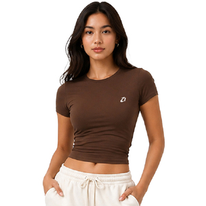 Slim Fit <b>Coffee</b> Brown Crop Top Short Sleeve Crewneck Workout Baby Tee Skinny Elastic Gym Clothing Sportswear Women's Shirts OEM - Product Image 1