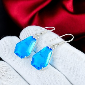 Boucles d'oreilles en topaze bleue, argent sterling 925, forme cercueil, pierres précieuses, boucles d'oreilles pendantes, faites à la main, style bohème, bijoux statement, cadeau pour femme - Product Image 4