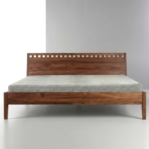 Base de Cama de Madera de Teca con Rejilla Superior, Cabecero Abierto Tipo Persiana, Soporte para Colchón Bajo con Patas de Bloqueo - Product Image 1