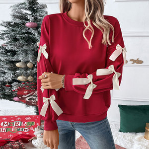 Sudadera Roja de Manga Larga para Mujer con Detalles de Lazo, Cuello Redondo, Estilo Pullover - Product Image 1