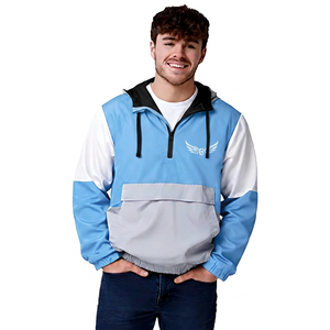 <b>Men's</b> Blue White Color Block Hooded Quarter Zip Windproof Sport <b>Jacket</b> With Logo Front Pocket Design - Product Image 2