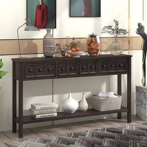 Rustic 60\" Long Espresso Entryway Console Table with Two Different Size Drawers for Storage Bottom Shelf Included - Product Image 1