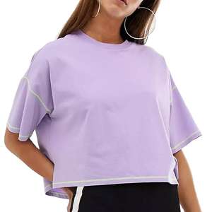 Camiseta Corta de Algodón con Efecto Ácido para Mujer, Cuello Redondo, Estilo Básico, Elástica e Informal - Product Image 5