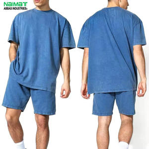 Ensemble T-shirt et short oversize délavé bleu vintage pour homme NAIMAT ABBAS, style rétro décontracté, deux pièces, 300-400 GSM - Product Image 1
