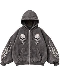 Sudadera con capucha gris oscuro personalizada con cremallera, lavado ácido, estampado de doble calavera en la manga, estilo streetwear oversize de algodón y felpa. - Product Image 1