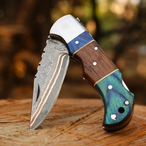 Navaja de bolsillo plegable hecha a mano con hoja de acero de Damasco y cobre, punta de cuchillo tipo Drop Point de 6.5 pulgadas, mango de madera con funda de cuero, cuchillo para exteriores. - Product Image 3