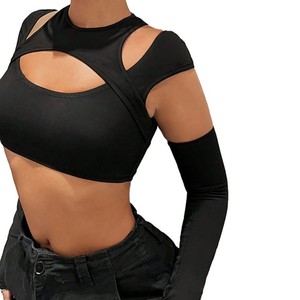 Black Cutout Crop Top with Long Sleeves Women's Fashion Top Streetwear Casual Tee Custom Logo Top Quality women's <b>shirt</b> - Product Image 2