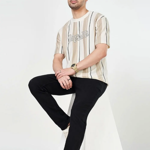 T-shirt à manches courtes rayé pour homme, mélange de coton, décontracté, col mandarin, vêtements de plage, ODM - Product Image 1