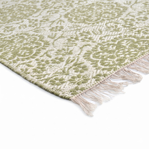 Tapis DECORDEC personnalisé en laine tissée plate, motif floral vert olive et ivoire, antidérapant, écologique, tufté à la main, avec franges - Product Image 6