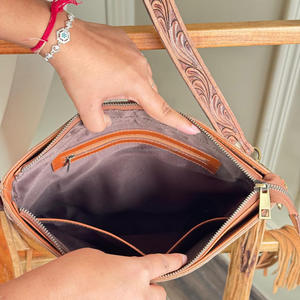 Mode dames frange usiné à la main en cuir sac à bandoulière grande capacité en cuir de vachette véritable conception florale sac à main pour femmes - Product Image 6