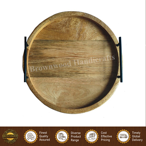 Superior Quality Handmade round Mango Wood Serving Tray with Elegant Home <b>Kitchen</b> Metal Handles Wholesale Serving Trays - Product Image 5