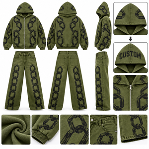 Ensemble sweat à capuche et pantalon unisexe en molleton vert olive 100 % coton, coupe oversize, style streetwear décontracté - Product Image 4