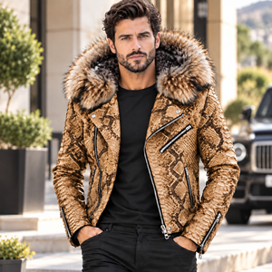 Snake Embossed Leather <b>Jacket</b> Plaid Pattern Breathable <b>Summer</b> Casual <b>Men's</b> Biker Style - Product Image 1