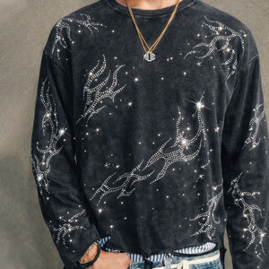 Full Sleeve <b>Rhinestone</b> Design Men's Tshirt <b>Top</b> Quality Acid Wash Oversized Men's shirts Premium Cotton Custom Logo Street Style - Product Image 4