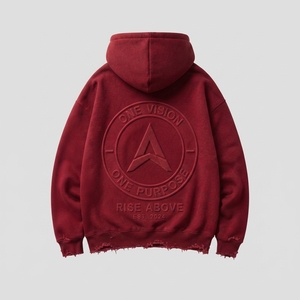 Sweat à capuche personnalisé pour homme, rouge bordeaux, en molleton épais délavé, coupe oversize, effet vieilli, avec logo en relief, style streetwear, OEM ODM - Product Image 2
