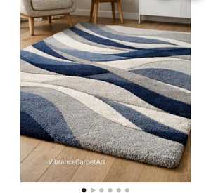 Tapis tufté rectangulaire fait main, design floral moderne, géométrique abstrait, bleu, gris, blanc, rembourré, pour salon - Product Image 5