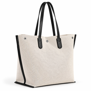 Sac fourre-tout en toile 100% coton, crème naturel, finition en cuir noir, structuré, grand sac à bandoulière, logo personnalisé, en gros - Product Image 1