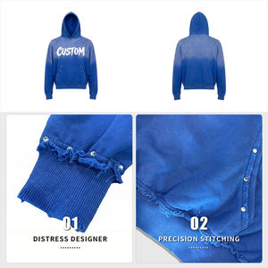 เสื้อฮู้ดดี้โอเวอร์ไซส์หนัก 450 กรัม ผ้าฝ้ายวินเทจฟอกสี แต่งคริสตัลเก๋ไก๋ สไตล์ดิสเทรส ฮู้ดดี้ผู้ชายแบบสั่งทำพิเศษ - Product Image 4