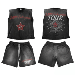 Heavyweight 240 GSM Cotton Sleeveless Shirt Short Set Washed Black Distressed Custom Screen Print - Product Image 1