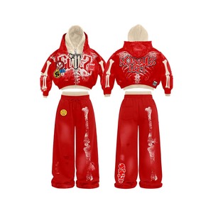 Conjunto de Sudadera con Capucha Roja para Hombre, Estampado Digital, Estilo Urbano, Conjunto de Dos Piezas con Pantalones Forrados de Felpa con Patrón de Huesos - Product Image 1