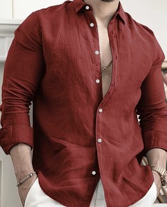 Camisa de Lino/Algodón Tejida Transpirable de Manga Larga, Informal, Cómoda, de Color Sólido, para Hombre, de Bangladesh - Product Image 1
