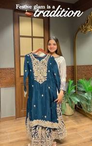 Kurti en soie chinon lourde avec broderie, cordonnet et travail de sequins, entièrement cousu, ensemble ethnique pour femme avec plazzo et dupatta assortis - Product Image 3