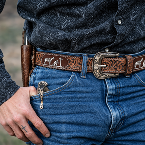 Premium Western Style Floral Hand Tooled Grain Leather <b>Belt</b> for Men & Women with <b>Cowboy</b> Horse & Cross Design Vintage Burgundy Br - Product Image 4