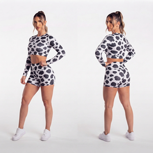 Conjunto Deportivo de 2 Piezas para Mujer, Top Corto Estampado de Manga Larga y Pantalones Cortos de Yoga, Spandex y Poliéster, Ropa de Gimnasio y Fitness - Product Image 4