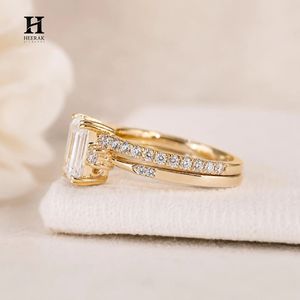 Luxury Emerald Cut Lab Grown Diamond Engagement <b>Ring</b> <b>Set</b> 14K Yellow <b>Gold</b> Side Cluster Bridal Stack - Product Image 3