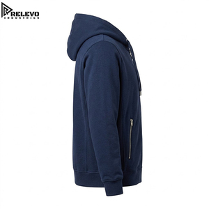 Sweat à capuche zippé intégral en molleton de coton épais, personnalisable pour la vente en gros, unisexe, bleu marine uni, style streetwear, vierge avec fermeture éclair à tirette annulaire - Product Image 3