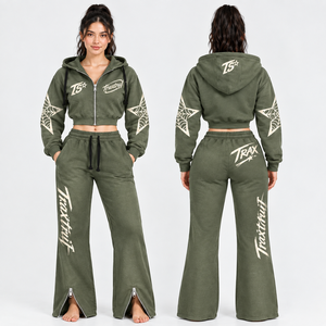 Conjunto Deportivo de 2 Piezas para Mujer, Sudadera Corta con Cremallera, Pantalones Deportivos Anchos con Franja Lateral, Estilo Jogger Holgado, Poliéster/Algodón, Negro - Product Image 5