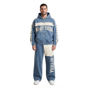 Conjunto de Sudadera con Cremallera Azul Crema y Pantalones Anchos para Hombre, con Paneles en Contraste y Detalles de Tachuelas, Estilo Urbano, Chándal Personalizado OEM ODM - Product Image 1