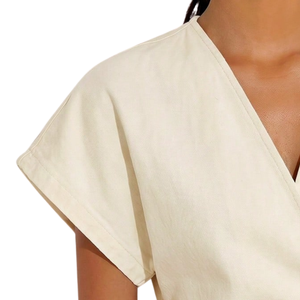 Blusa Casual de Verano para Mujer, Estilo Envolvente con Botones, Cuello en V, Manga Corta, Denim Lavado Color Marfil, Elegante, Corte Regular, para Oficina, Uso Diario - Product Image 3
