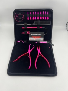 Metallic Pink Color Stainless Steel Custom Logo Hair Extension Pliers Tools Kit Comb Scissors Razor Loop <b>Hook</b> Sectioning <b>Clips</b> - Product Image 5