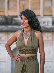 Earthy <b>Khaki</b> Green Hand Block Printed Premium Breathable Cotton Fabric Lightweight Comfortable Halter Neck Ruched Crop <b>Top</b> - Product Image 2