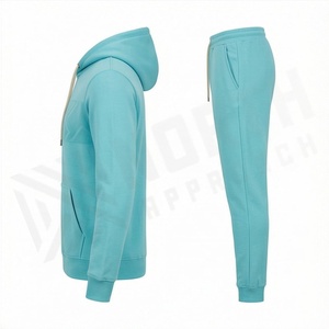Unisex Light <b>Blue</b> Hooded Tracksuit Set Casual Geometric Pattern Full Length Sweatshirt And Pants With Drawstring Closure - Product Image 3