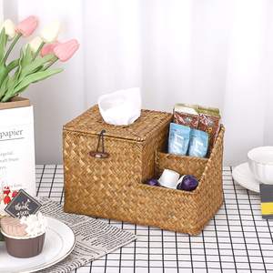 High Quality Seagrass Tissue Box Holder with Side Organizer Vintage Style <b>Square</b> Shape for Tableware Bathroom Home Office - Product Image 2