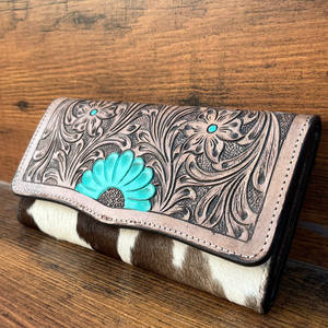 Embrague de cuero mecanizado a mano para mujer a la moda, pelo occidental en piel de vaca, tarjetero Floral para mujer, sobre de dinero en efectivo, carteras largas de bolsillo - Product Image 4