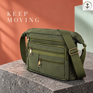 Multi Pocket Canvas Crossbody <b>Bag</b> <b>for</b> <b>Men</b> Olive Green | <b>Messenger</b> Shoulder <b>Bag</b> with Multiple Zippers Wide Adjustable Carry Strap - Product Image 2