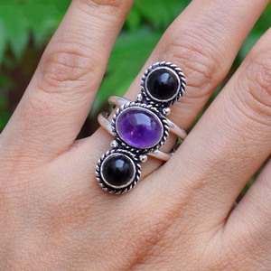 Amethyst & Black Onyx Gemstone <b>Ring</b> Handmade Boho Celestial Jewelry Natural Amethyst <b>Ring</b> <b>Statement</b> <b>Ring</b> - Product Image 2