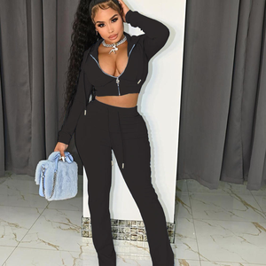 Women Sexy Zip up <b>Crop</b> Hoodie Heavyweight Quick Dry Two Piece Set Solid Long <b>Pants</b> Streetwear Outfit - Product Image 4