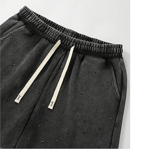 Shorts d'été pour hommes en coton délavé à l'acide, taille mi-haute, séchage rapide, style vintage streetwear, effet soleil délavé, imprimé, poche ornée de strass - Product Image 5