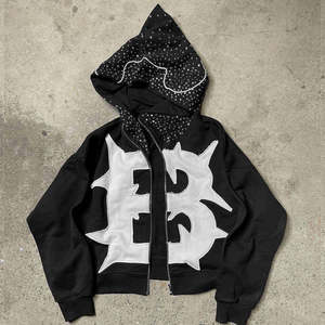 Sweat-shirt à capuche oversize en molleton pour homme, noir et blanc, avec logo EB appliqué, style streetwear, fermeture éclair sur le devant, pour l'automne - Product Image 5
