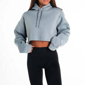 Hoodie court bleu clair pour femme, épaules tombantes, manches longues, coupe oversize, en polaire tricotée de polyester, anti-rétrécissement, broderie géométrique - Product Image 1