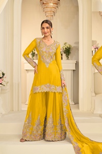 Premium <b>Women</b> Suit Palazzo Dupatta Set Traditional Real Chinon <b>Kurta</b> Set Special Occasion Wedding Bulk India Export Quick Dry - Product Image 5