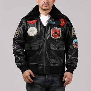 Blouson aviateur en cuir véritable pour homme avec motifs de patchs, doublure en fausse fourrure, fermeture éclair, style moto hiver - Product Image 2