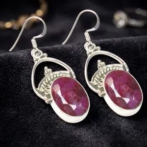 Pendientes de Plata 925 con Cuarzo Rubí en Forma de Gota, Joyería con Piedra Ovalada Engastada en Bisel para Mujer - Product Image 3