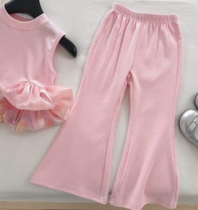 Conjunto de Dos Piezas para Niñas, Estilo Vintage, Top Recto Sólido + Pantalones de Campana con Botones - Product Image 4